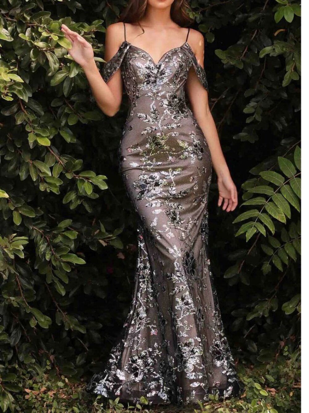 Gunmetal Silver Sequin Floral Formal Evening Dress 10